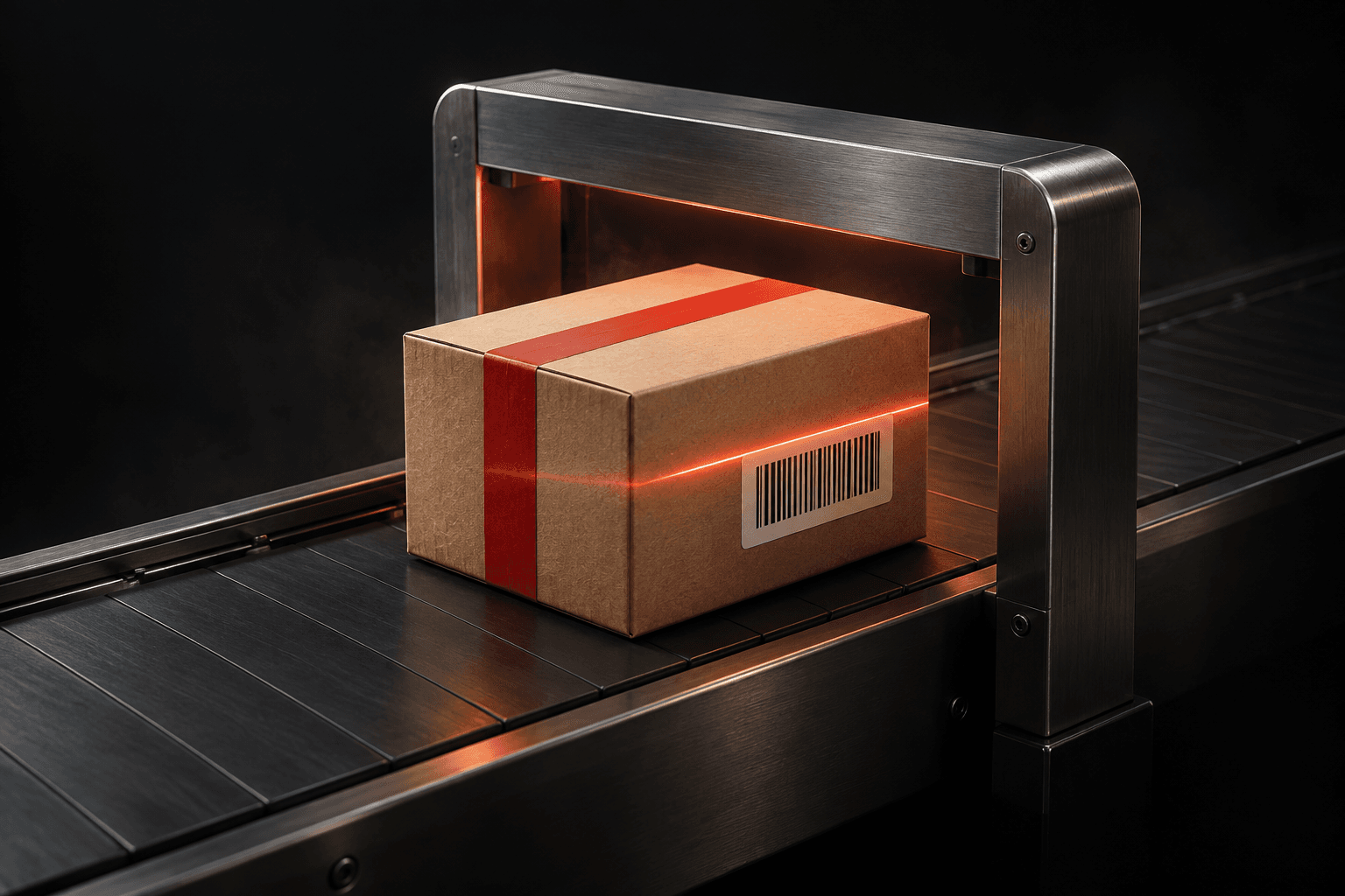 Custom illustration of a parcel passing through a scanning station
